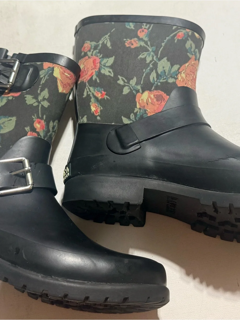Lauren Ralph Lauren Black Rain Boots with Floral Print Shaft and Buckle Detail